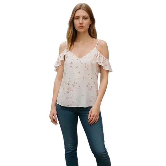 Cece White Floral Cold Shoulder Blouse Small NWT - Picture 1 of 9